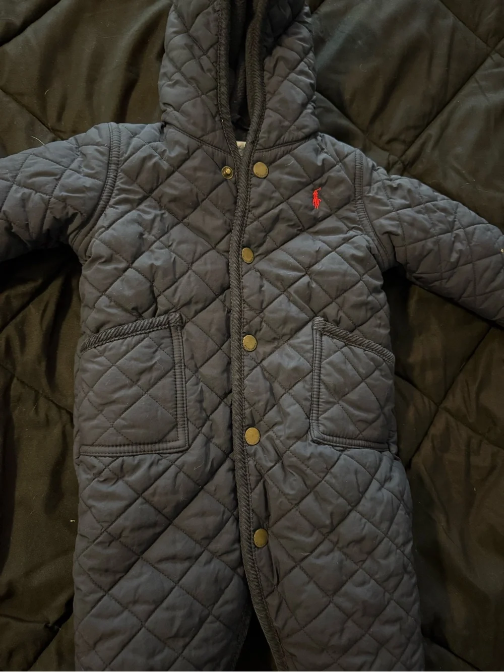 {RALPH LAUREN} Navy Blue Quilted Hooded Baby One-Piece Snowsuit - 6M